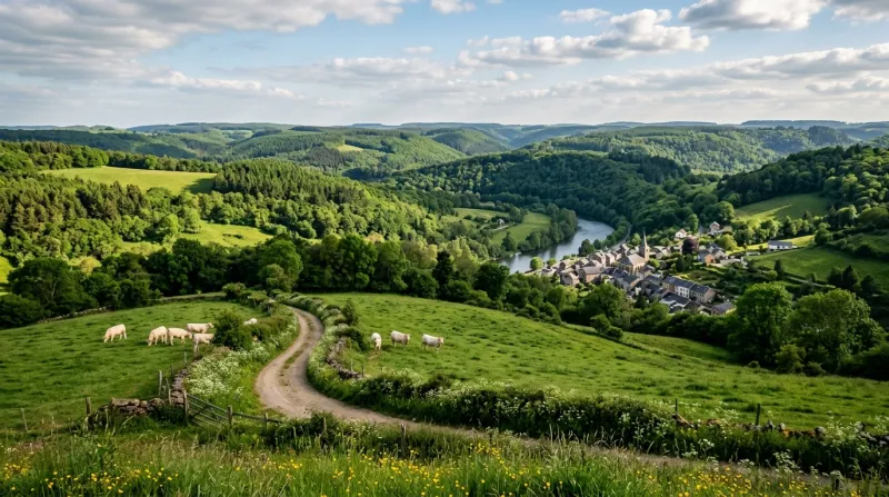 Une photo d'un paysage rural et verdoyant du département des Ardennes