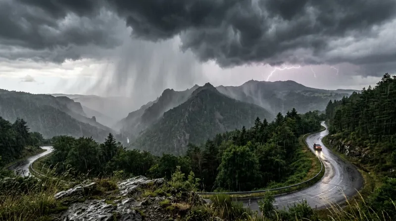 Une photo d'un paysage de montagne en Ardèche sous un orage avec de fortes précipitations