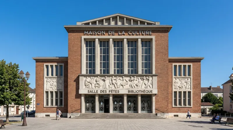 Une photo de la façade de l'ancienne Maison de la Culture de Bourges sous un ciel clair
