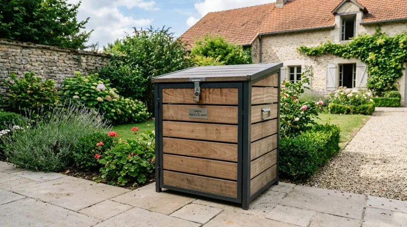 Une photo d'une poubelle de jardin fermée et sécurisée dans un espace extérieur propre