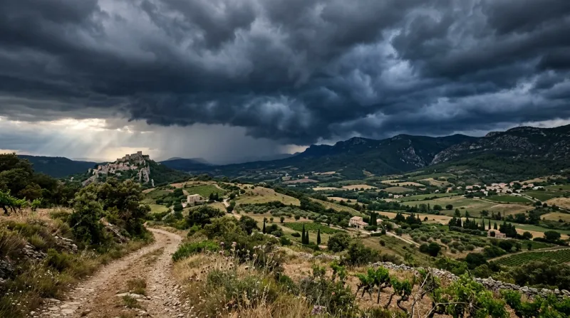 Une photo d'un paysage de l'Aude sous un ciel orageux.