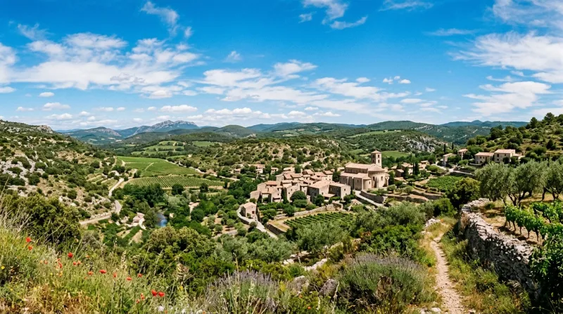 Une photo d'un paysage ensoleillé dans l'arrière-pays de l'Hérault sous un ciel bleu d'été