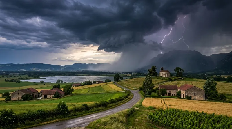 Une photo d'un paysage du département de l'Ain sous un ciel d'orage