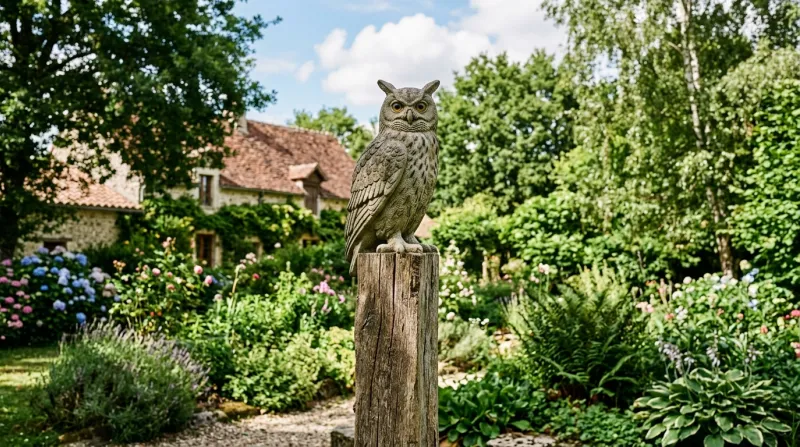 Une photo d'une statue de hibou grand-duc installée en hauteur sur un piquet de bois dans un jardin