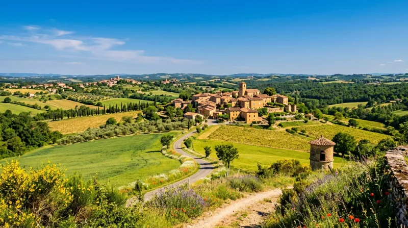 Une photo d'un paysage ensoleillé dans le département du Tarn sous un ciel bleu