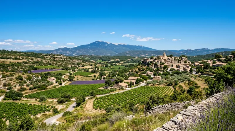 Une photo d'un paysage ensoleillé dans le Vaucluse sous un ciel bleu radieux