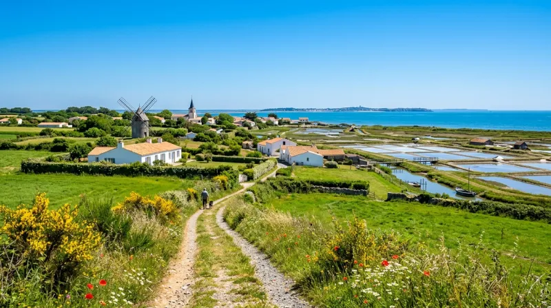 Une photo d'un paysage de Vendée sous un soleil éclatant et un ciel bleu sans nuages