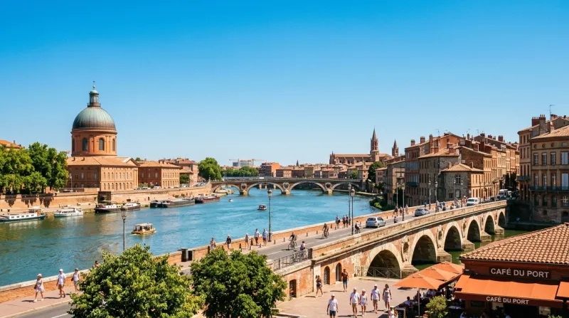 Une photo de la ville de Toulouse sous un grand soleil et un ciel dégagé évoquant la chaleur