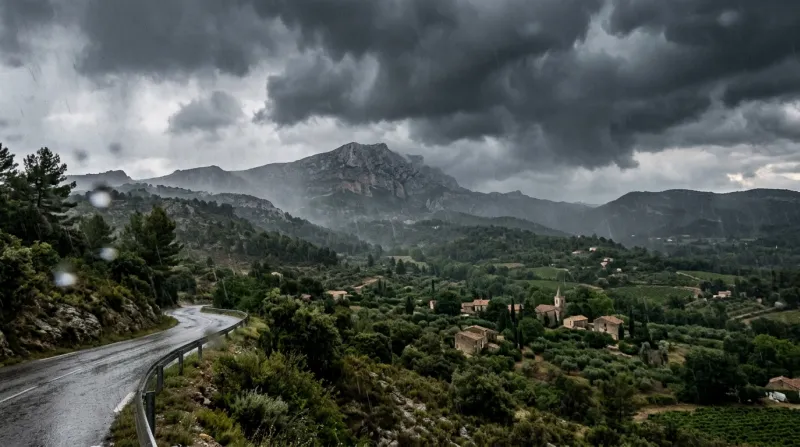 Une photo d'un paysage des Bouches-du-Rhône sous un ciel d'orage et de pluie