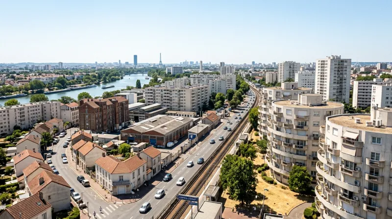 Une photo d'un paysage urbain dans le Val-de-Marne sous un soleil de canicule