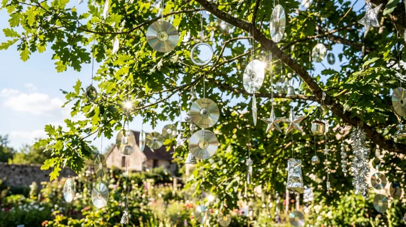 Une photo de CD et d'objets argentés suspendus aux branches d'un arbre et scintillant sous le soleil