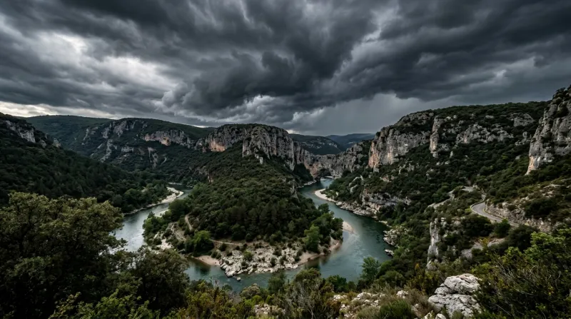 Une photo d'un paysage de l'Ardèche sous un ciel nuageux et orageux