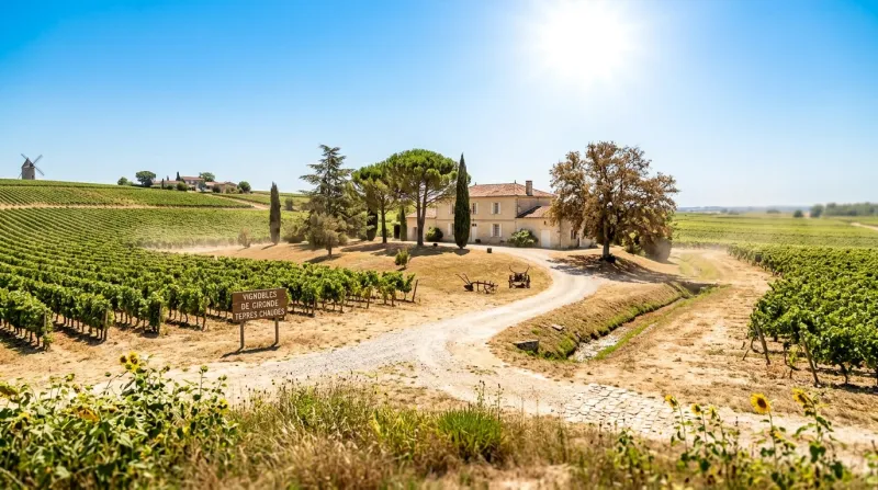 Une photo d'un paysage ensoleillé dans les terres de Gironde sous une forte chaleur.