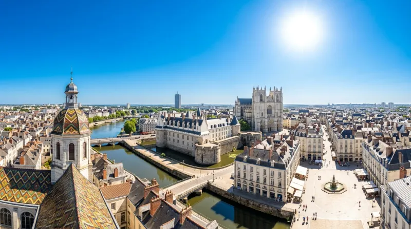 Une photo de la ville de Nantes sous un soleil de plomb et un ciel bleu éclatant