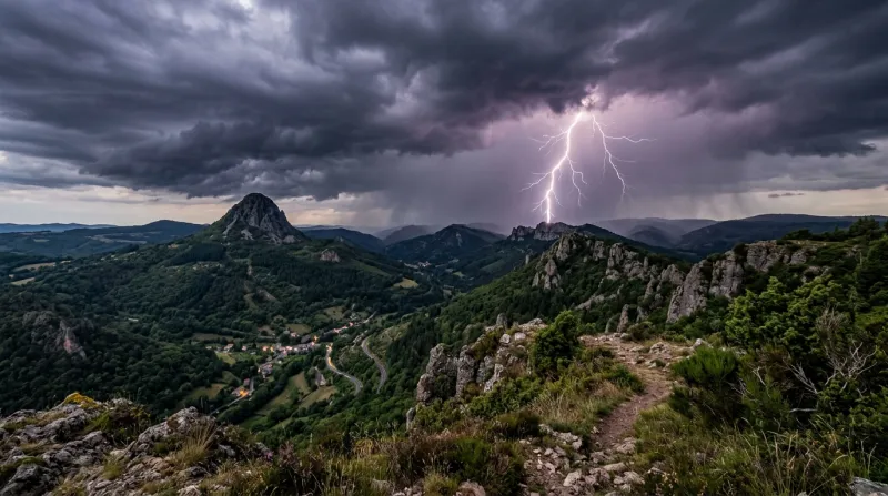 Une photo d'un paysage montagneux de l'Ardèche sous un ciel d'orage avec des éclairs
