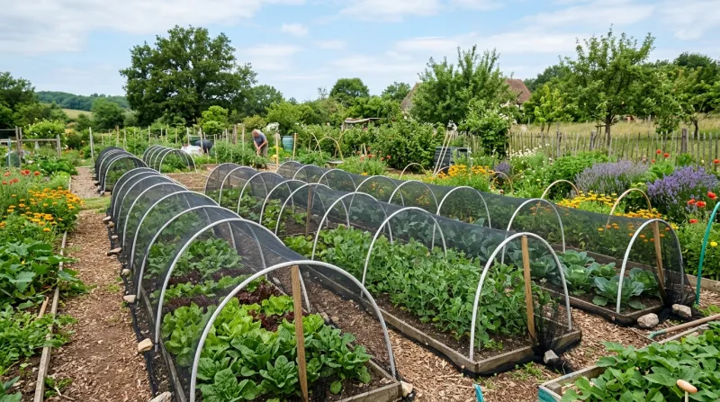 Une photo de filets de protection installés sur des cultures dans un potager