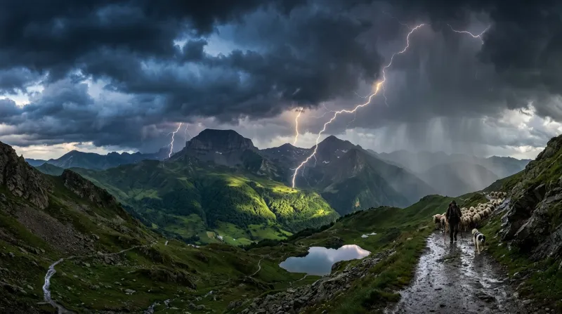 Une photo d'un paysage montagneux en Ariège sous un ciel d'orage