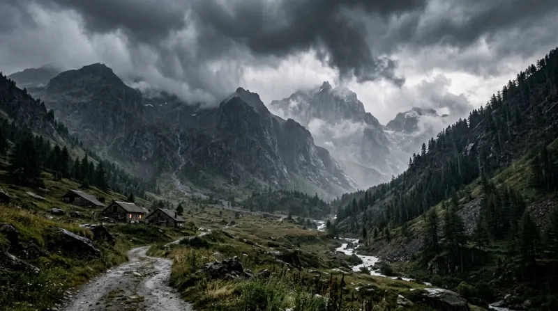 Une photo d'un paysage de montagne dans les Hautes-Alpes sous un ciel orageux et pluvieux