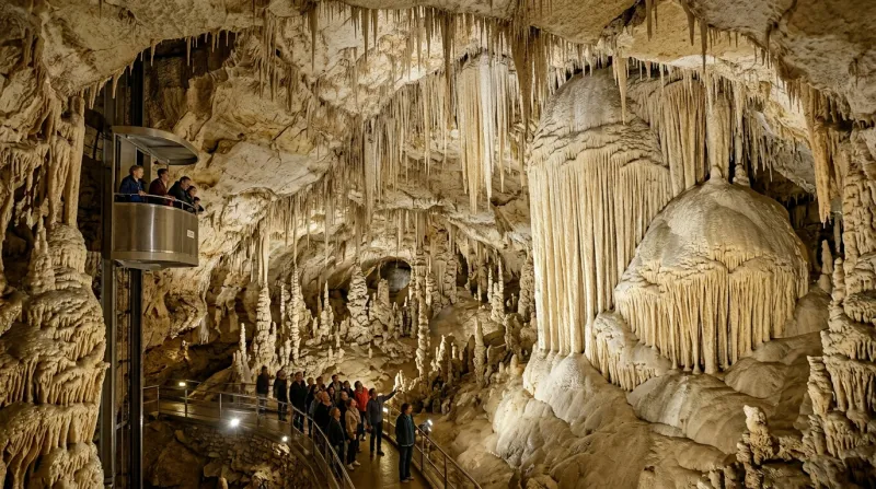 Une photo de l'intérieur du Gouffre de Proumeyssac avec ses formations géologiques spectaculaires.