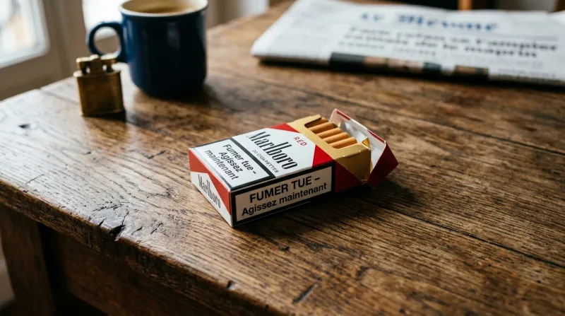 Une photo d'un paquet de cigarettes posé sur une table en bois