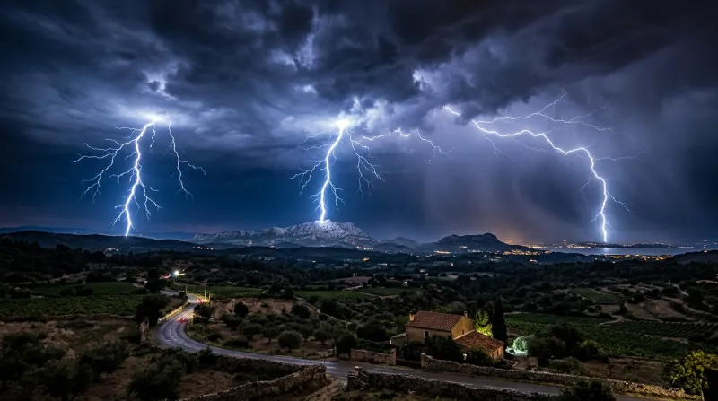Une photo d'un ciel d'orage avec des éclairs au-dessus d'un paysage des Bouches-du-Rhône