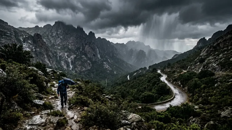 Une photo d'un paysage de Haute-Corse sous un ciel d'orage avec de la pluie