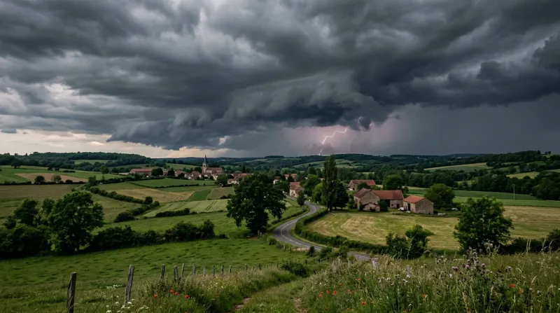 Une photo d'un paysage de campagne dans l'Allier sous un ciel orageux