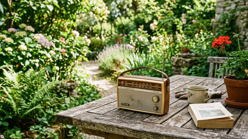 Une photo d'une petite radio vintage posée sur une table de jardin en bois dans un environnement ver