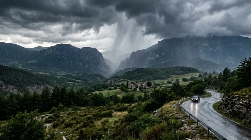 Une photo d'un paysage des Alpes-de-Haute-Provence sous un ciel d'orage et de pluie