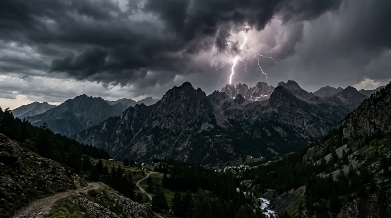 Une photo d'un paysage montagneux dans les Alpes-Maritimes sous un ciel d'orage avec des éclairs