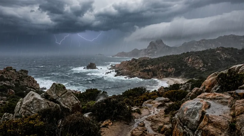 Une photo d'un paysage côtier en Corse-du-Sud sous un ciel d'orage avec de la pluie