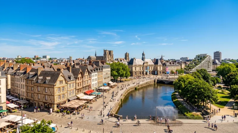 Une photo d'un paysage urbain à Rennes sous un soleil radieux et une chaleur estivale