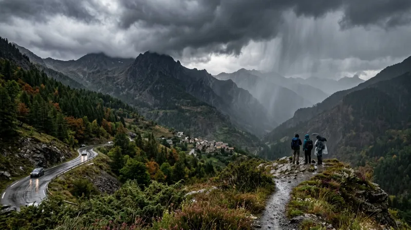 Une photo d'un paysage des Alpes-Maritimes sous un ciel d'orage et de pluie