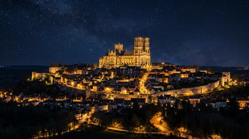Une photo de la ville de Laon dans l'Aisne sous un ciel nocturne étoilé et une atmosphère chaude