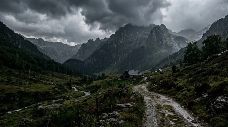 Une photo d'un paysage de montagne dans l'Ariège sous une pluie orageuse