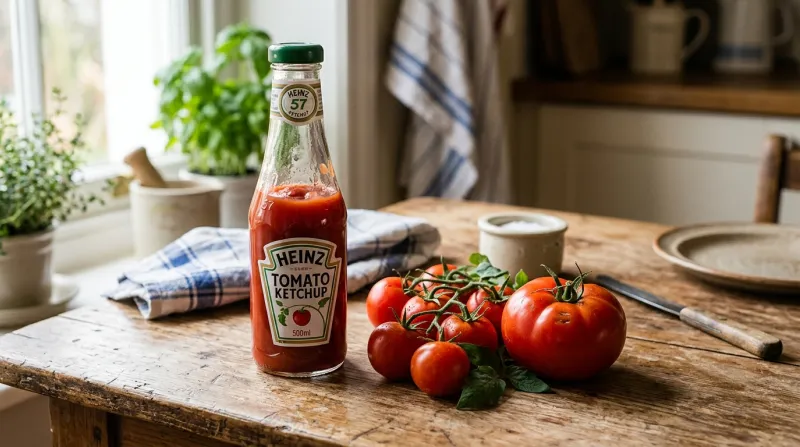 Une photo d'une bouteille de ketchup à côté de tomates fraîches sur une table de table.