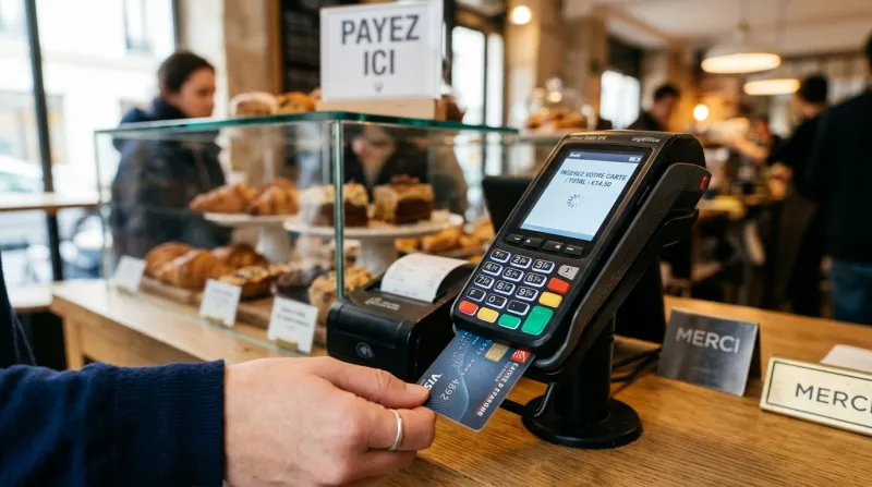 Une photo d'une carte bancaire insérée dans un terminal de paiement électronique