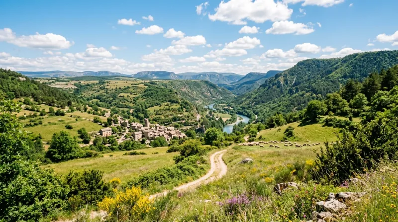 Une photo d'un paysage naturel et paisible de la Lozère sous un soleil éclatant