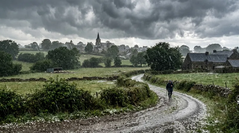Une photo d'un paysage en Ille-et-Vilaine sous une averse de grêle