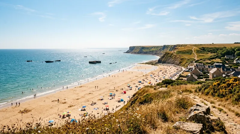 Une photo d'un paysage ensoleillé sur le littoral du Calvados sous une forte chaleur