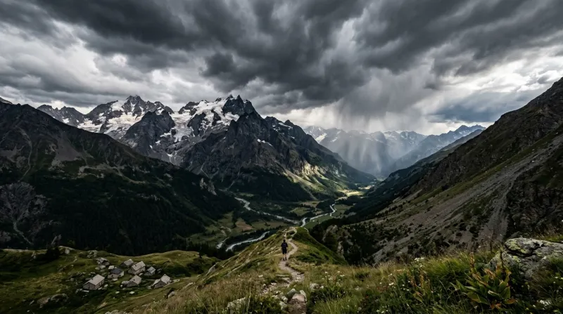 Une photo d'un paysage de montagne dans les Hautes-Alpes sous un ciel d'orage