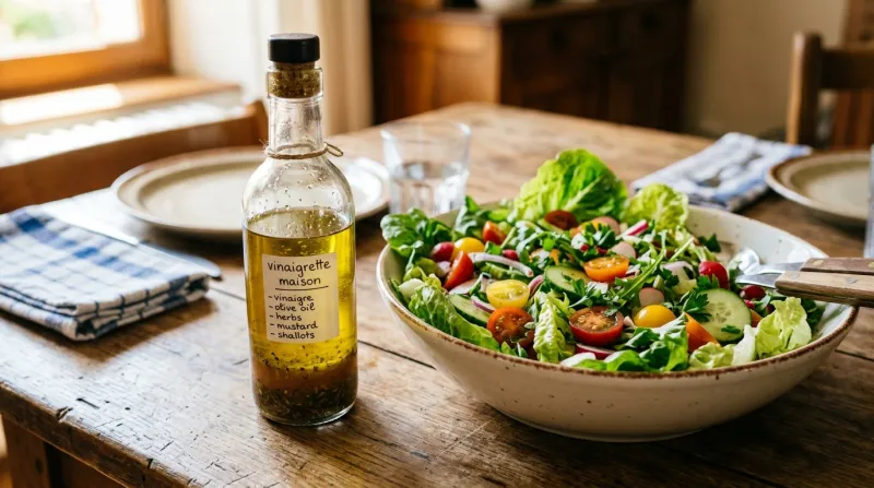Une photo d'une bouteille de vinaigrette posée sur une table à côté d'une salade fraîche