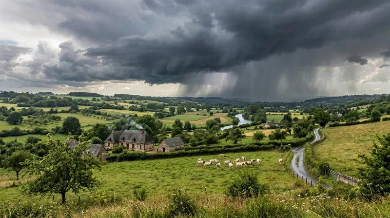 Une photo d'un paysage du Calvados sous un ciel d'averses orageuses