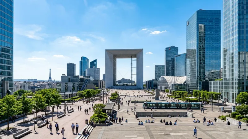 Une photo du quartier de La Défense dans les Hauts-de-Seine sous un soleil éclatant