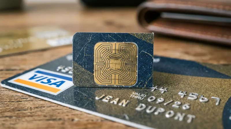 Une photo d'une carte bancaire avec un gros plan sur sa puce électronique.