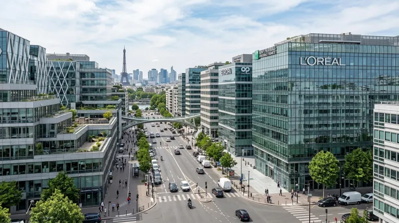 Une photo d'une vue urbaine moderne avec des immeubles de bureaux à Levallois-Perret