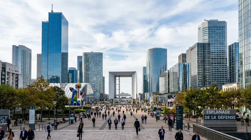 Une photo du quartier d'affaires de La Défense avec ses gratte-ciel modernes à Courbevoie
