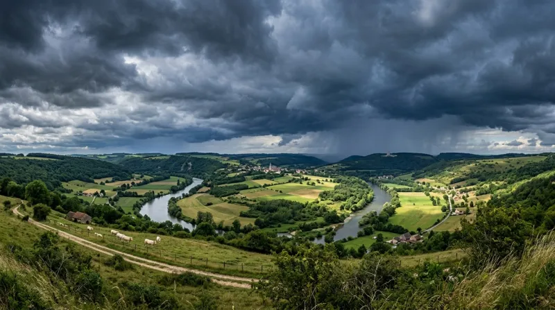 Une photo d'un paysage de la Meuse sous un ciel orageux