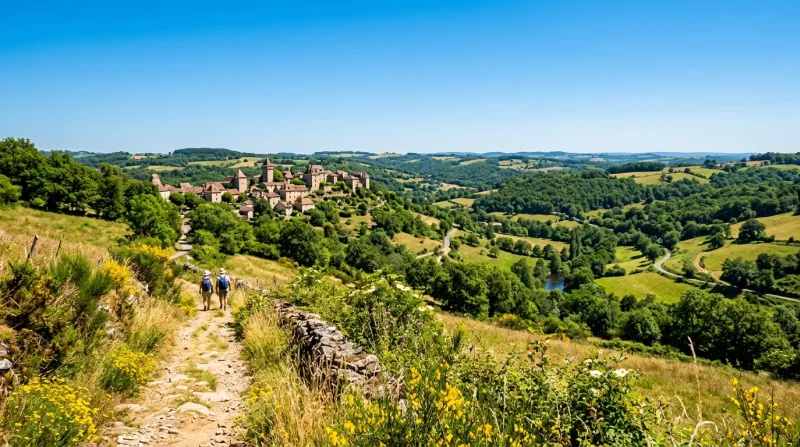Une photo d'un paysage de la Corrèze sous un soleil intense et un ciel bleu sans nuages