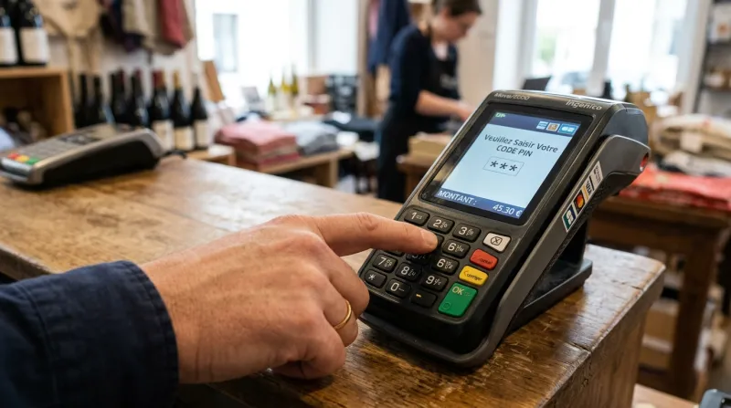 Une photo d'une main saisissant un code PIN sur le clavier d'un terminal de paiement par carte banca